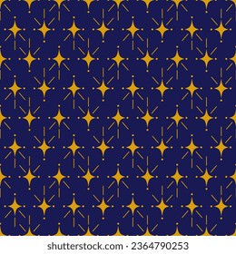 Patrón geométrico impecable con estrellas doradas sobre fondo azul. Impresión vectorial para fondo de tela, textil