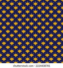 Seamless geometric pattern with golden symbols on dark blue background in art deco style. Vector print for fabric background