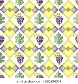 Seamless geometric pattern with grapes and fig leaves. Vector.