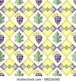 Seamless geometric pattern with grapes and fig leaves. Vector.