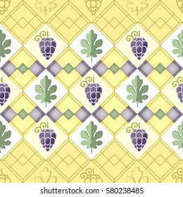 Seamless geometric pattern with grapes and fig leaves. Vector.