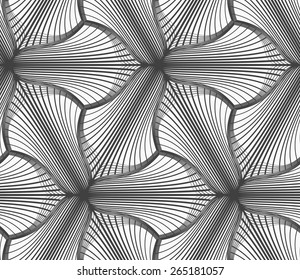 Seamless geometric pattern. Gray abstract geometrical design. Flat monochrome design.Monochrome hatched three pedal flowers.