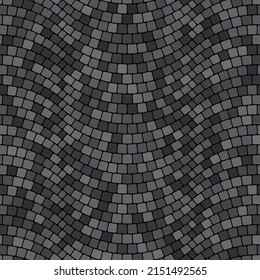 Seamless geometric pattern. Gray cobblestone with square tiles arranged in wavy lines on a black background. Traditional porphyry design floor. Mosaic style. Vector illustration. Great as a texture.