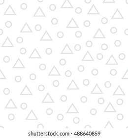 Seamless geometric pattern with gray thin line randomly arranged triangles and rings on white background. Abstract geometrical background of triangle, circle. Vector illustration.