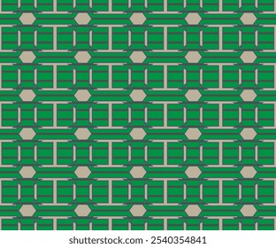 Seamless geometric pattern with green and beige elements of shaping chain style. Vector illustration for fabric, textile, pillow print, texture, fashion design
