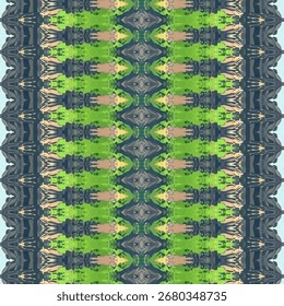 Seamless geometric pattern with green, blue, and neutral tones, ideal for fabric, wallpaper, and decorative art design.