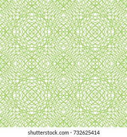 Seamless geometric pattern in green color made of thin flat trendy linear style lines. Inspired of banknote, money design, currency, note, check or cheque, ticket, reward. Watermark security. Vector. 