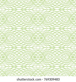 Seamless geometric pattern in green color made of thin flat trendy linear style lines. Inspired of banknote, money design, currency, note, check or cheque, ticket, reward. Watermark security. Vector. 
