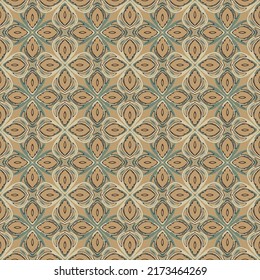Seamless geometric pattern with green flowers on yellow background.