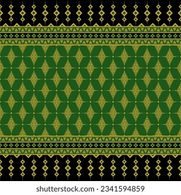 Seamless geometric pattern in green, gold and black colors. Native ethnic Ikat ornament art style. 