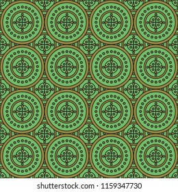 Seamless geometric pattern of green large and small circles.