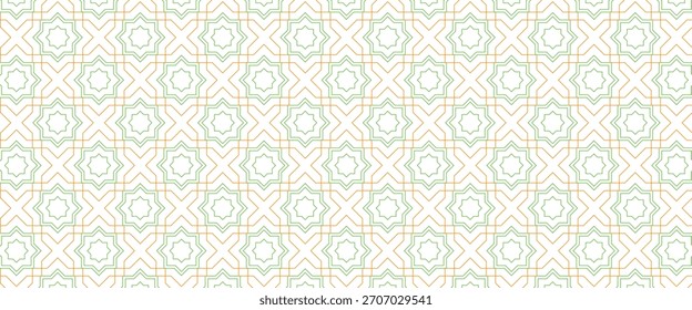 Seamless geometric pattern with green and orange line art forming star shapes on a clean white background.