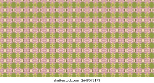 Padrão geométrico contínuo com ovais verdes e formas simétricas rosa. Ideal para design abstrato, fundos ou têxteis. Verde, simetria e abstrato dominam.