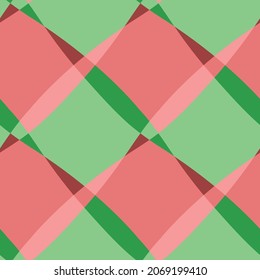 Seamless geometric pattern. Green and pink rhombuses. Optical illusion. Vector background in a multicolored cage. Print for fabric or wrapping paper.
