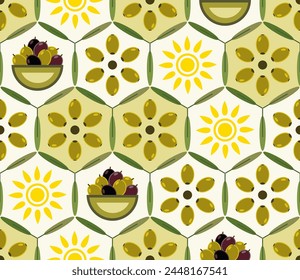 Seamless geometric pattern with green unripe olives in hexagonal grid. Retro simple flat style. Good for branding, decoration of food package, decorative print