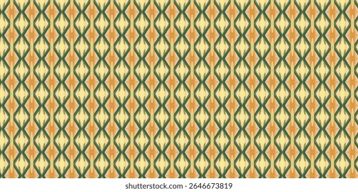 Seamless geometric pattern with green, yellow, and orange tones forming dynamic diamond shapes. Ideal for abstract backgrounds, textiles, or wallpaper designs.