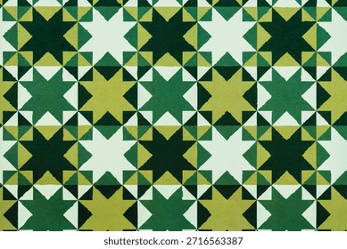 Patrón geométrico sin fisuras con Formas de estrellas verdes y amarillas. Fondo de mosaico moderno para decoración de interiores, impresión textil y diseño de envoltura de papel abstracto.