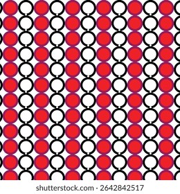 padrão geométrico sem costura, padrão de grade, círculos sólidos vermelhos e círculos vazios brancos, verticalidade e ritmo devido à disposição de cores e formas na coluna, listras verticais ou colunas