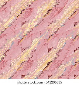 Seamless geometric pattern in grunge style. The diagonal orientation. Handmade. Ethnic and tribal motifs. Watercolor texture. Vector illustration.