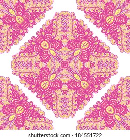 Seamless geometric pattern with hand drawn pink ornamental rectangles
