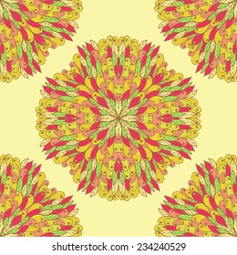 Seamless geometric pattern with hand drawn bright ornamental flowers