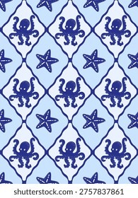 seamless geometric pattern with hand drawn octopus and starfish in blue rhombic tile frames for bathroom decor and fabric print