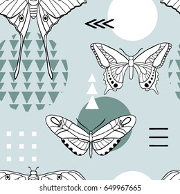 Seamless geometric pattern with hand drawn white butterflies on blue. Sketch style minimalistic illustration with outline insects and abstract shapes. Modern vector background, texture for textile