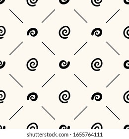 Seamless geometric pattern with handdrawn doodle swirls and lines. Background with repeatable spirals in monochrome