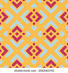 Nahtlose geometrische Muster von Herzen, Punkten und Quadraten. Rhombus optische Täuschung. Romantische und schöne Vektorgrafik. Frühlings- und Sommerfarben, Gelb, Rosa, Blau, Pastelltöne. EPS10.