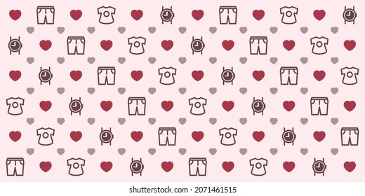 Seamless geometric pattern with hearts and kids apparel. Vector wallpaper background