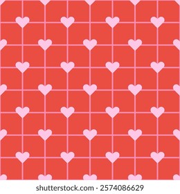 Seamless geometric pattern with hearts on an orange grid background. Whimsical design for modern bright projects, scrapbooking, textiles, packaging, etc.