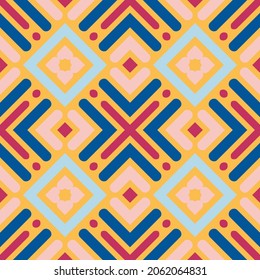 Nahtlose geometrische Muster von Herzen, Rhombus, Punkten, Kreuz- und Diagonallinien. Schöne und romantische Vektorgrafik. Frühlings- und Sommerfarben, Gelb, Rosa, Blau, Pastelltöne. EPS10.