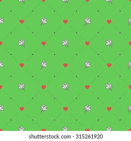 Seamless geometric pattern with hearts and roses. Vector texture, background.