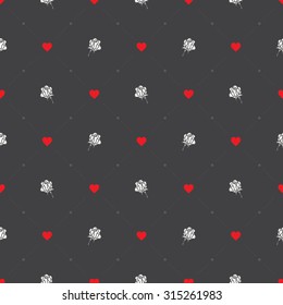 Seamless geometric pattern with hearts and roses. Vector texture, background.