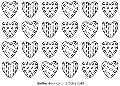 Patrón geométrico de corazones con texturas. Ilustración del vector de contorno dibujado a mano en un estilo de doodle. Aislado sobre un fondo blanco.