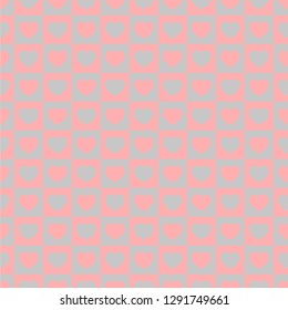 Seamless geometric pattern with hearts for Valentine's Day. Vector pink heart inside grey square and grey heart inside pink square. Graphic heart pattern for Valentine, textile, tiles, wallpapers.