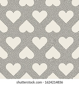 Seamless geometric pattern with hearts. Vector dotted repeating texture. Random dots form stylish Valentine's Day design.