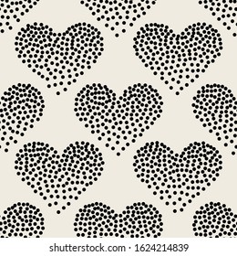 Seamless geometric pattern with hearts. Vector dotted repeating texture. Random dots form stylish Valentine's Day design.