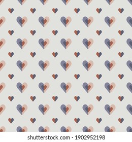 Seamless geometric pattern with hearts. Vector repeating texture in polka dot style in off-white, orange and purple colours. Great for interiors, prints and fashion fabrics.
