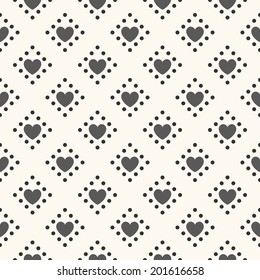 Seamless geometric pattern with hearts. Vector illustration for romantic design. Endless texture for printing onto fabric, web page background and paper or invitation. White and black colors.