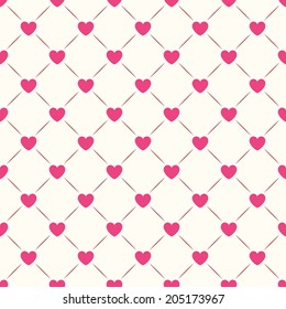 Seamless geometric pattern with hearts. Vector illustration for romantic design. Endless texture for printing onto fabric, web page background and paper or invitation. White, red and pink colors.