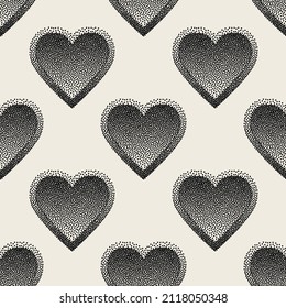 Seamless geometric pattern with hearts. Vector dotted repeating texture. Random dots form stylish Valentine's Day design.