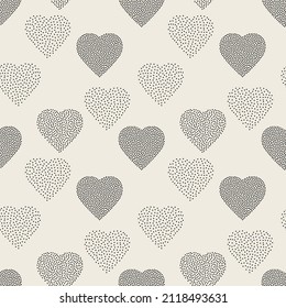 Seamless geometric pattern with hearts. Vector dotted repeating texture. Random dots form stylish Valentine's Day design.