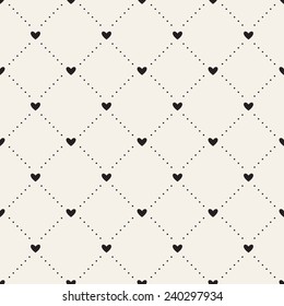 Seamless geometric pattern with hearts. Vector repeating texture. Dotted rhombuses from small circles and hearts in nodes