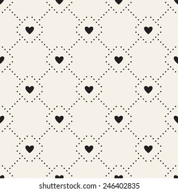 Seamless geometric pattern with hearts. Vector repeating texture. Dotted rhombuses from small circles and hearts in nodes