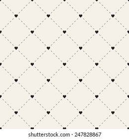 Seamless geometric pattern with hearts. Vector repeating texture. Dotted rhombuses from small stitches and hearts in nodes
