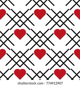 Seamless geometric pattern with hearts. Vector art.
