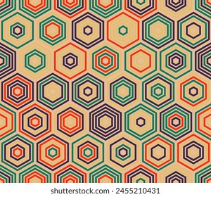 Seamless geometric pattern. Hexagon stacked mosaic background. Large hexagon shapes. Multiple tones color palette. Seamless pattern. Tileable vector illustration.