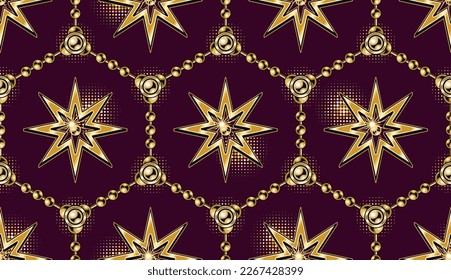 Seamless geometric pattern with hexagonal grid with golden chains, shiny stars, halftone shapes on dark red background. Vector illustration in vintage style.