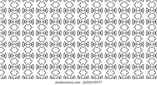 Padrão geométrico contínuo com motivos hexagonais e lineares. Simetria elegante em linhas pretas sobre fundo branco. Ideal para design têxtil, papel de parede ou digital.